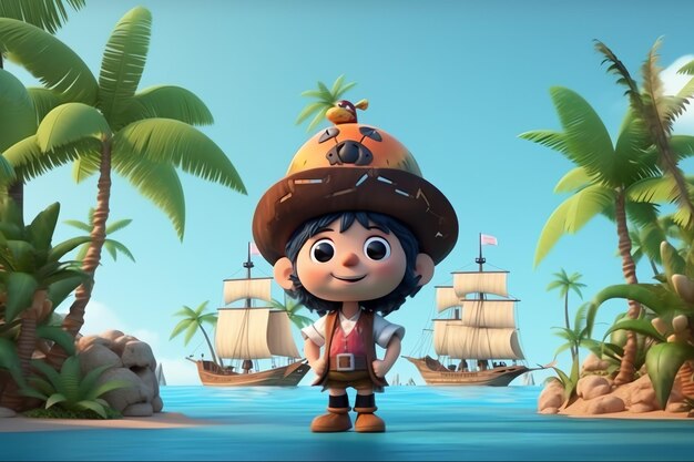 Ein Pirat mit Hut steht an einem Strand mit Palmen im Hintergrund.