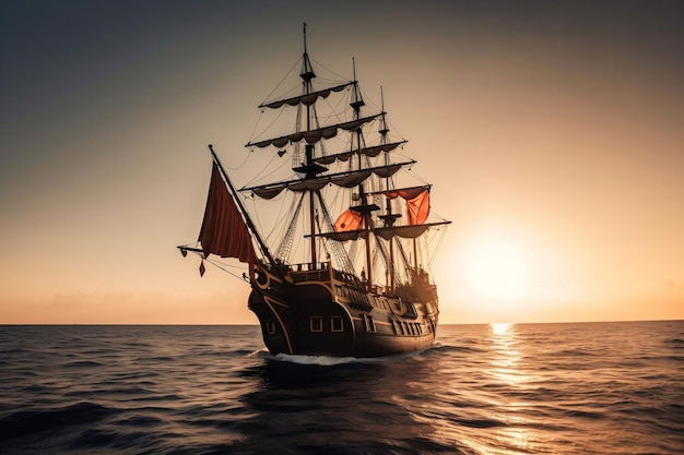Ein Piratenschiff im Ozean, hinter dem die Sonne untergeht