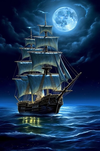 ein Piratenschiff im Ozean mit einem Vollmond dahinter.