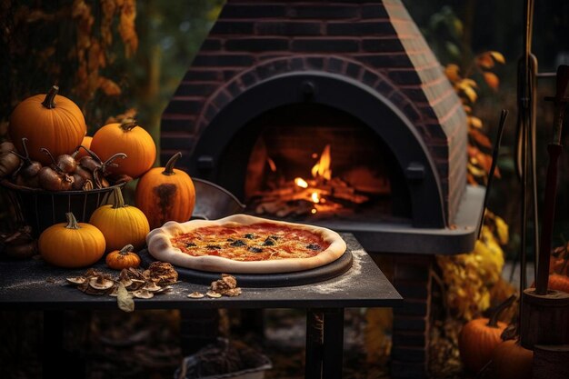 Ein Pizza-Ofen vor dem Hintergrund von Herbstblättern