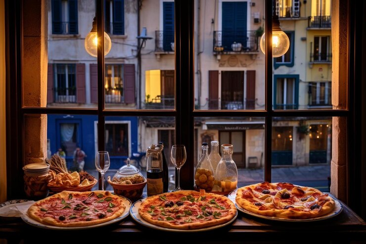 Foto ein pizzeriafenster mit blick auf pizzen, die innen gebacken werden