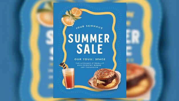 ein Plakat des Sommerverkaufs mit blauem Hintergrund mit einem blauen Etikett, auf dem steht Summer Sale