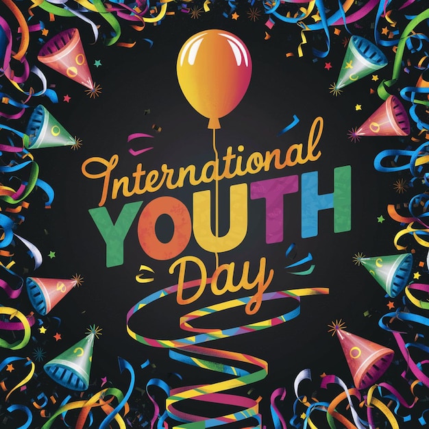 ein Plakat für den internationalen Jugendtag mit bunten Konfetti und bunten Bändern