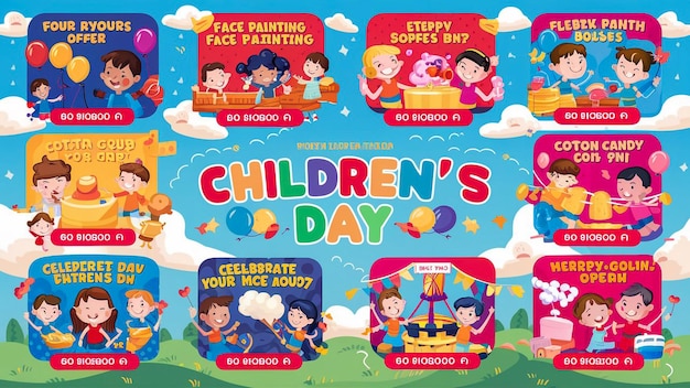 ein Plakat für den Kindertag mit blauem Hintergrund mit einer Cartoon-Illustration des Kindertages