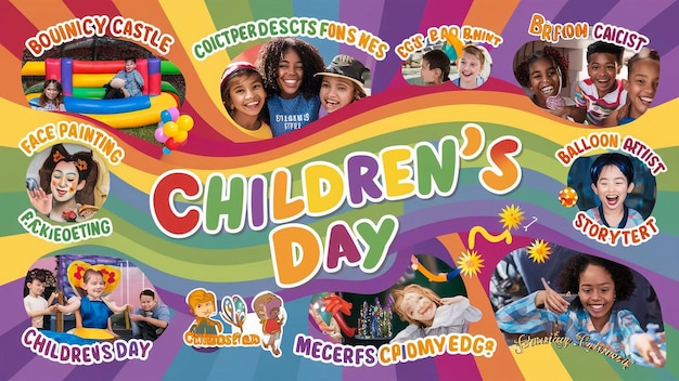 ein Plakat für den Kindertag mit einem regenbogenfarbenen Hintergrund