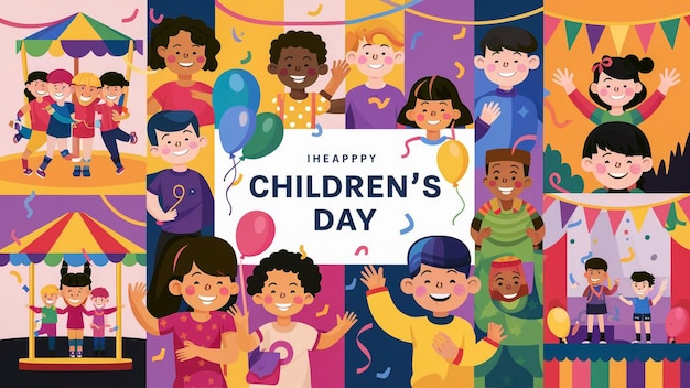 ein Plakat für den Kindertag wird mit einem glücklichen Kindertagsplakat gezeigt