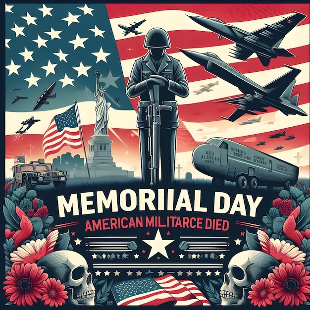 ein Plakat für den Memorial Day of America mit einer Flagge und einem Soldaten, der darauf steht