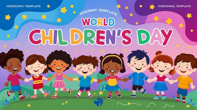 ein Plakat für den Weltkindertag mit Kindern, die sich die Hände halten, wird gezeigt