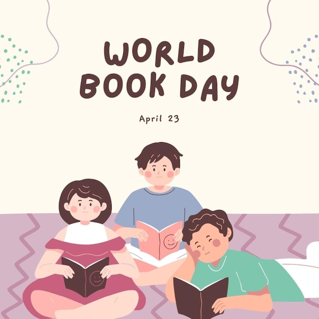 ein Plakat für den Welttag mit Kindern, die ein Buch lesen