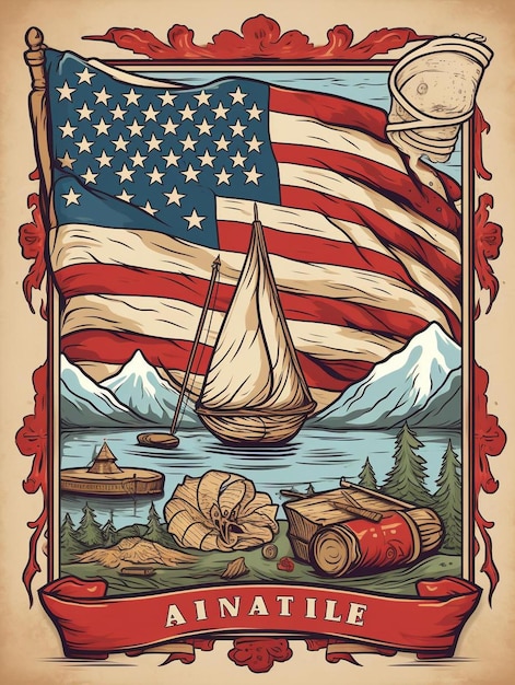 Foto ein plakat für die amerikanische flagge mit einem boot und einem boot im hintergrund.