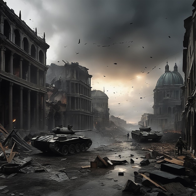 ein Plakat für die Armee mit einem zerstörten Panzer im Hintergrund.