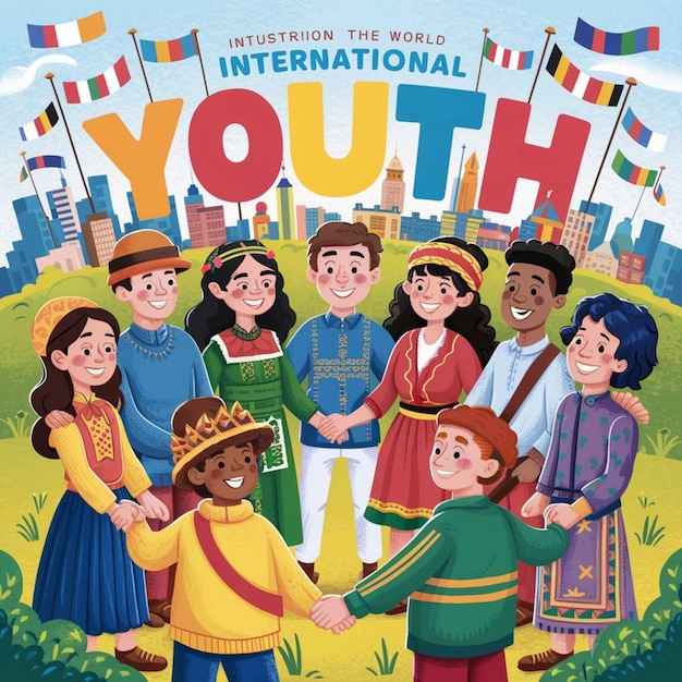 ein Plakat für die internationale Jugendwelt mit blauem Himmel als Hintergrund