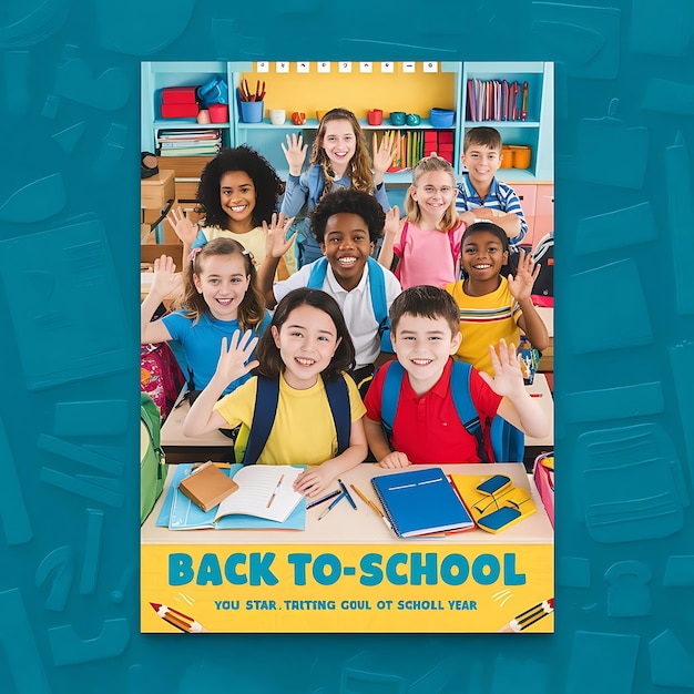 Ein Plakat für die Rückkehr in die Schule mit Kindern und Schulgeräten