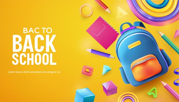 ein Plakat für die Rückkehr zur Schule mit einem blauen Rucksack und einem Bleistift