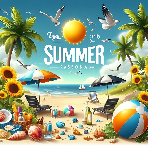 ein Plakat für die Sommersaison mit einer Strandszene und Sonnenblumen