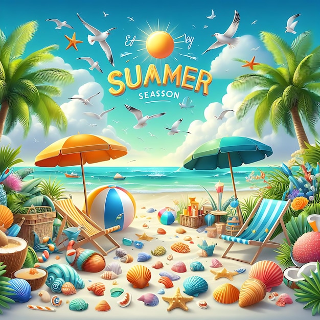 ein Plakat für die Sommersaison mit Palmen und einer Strandszene