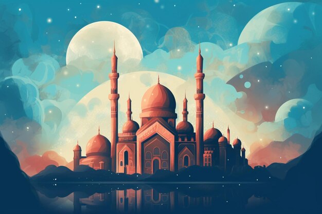 Ein Plakat für Eid Mu Mura mit einer Moschee und einem Mond