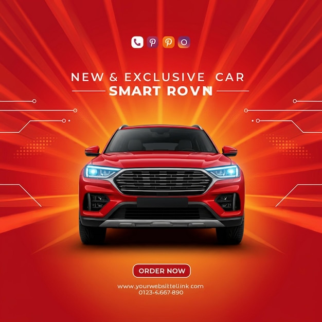 ein Plakat für ein neues Auto mit einem roten Hintergrund, auf dem steht: "Neues Auto"