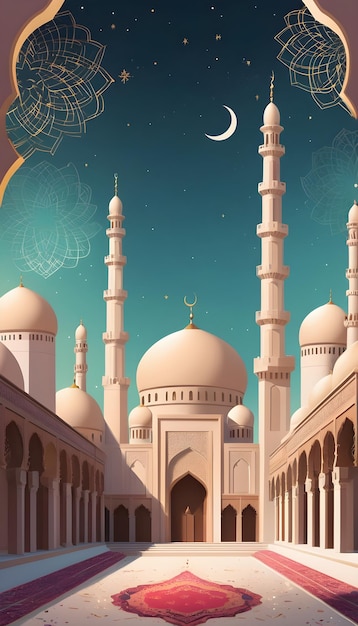 ein Plakat für eine Moschee mit einem Mond und einem Mond im Hintergrund