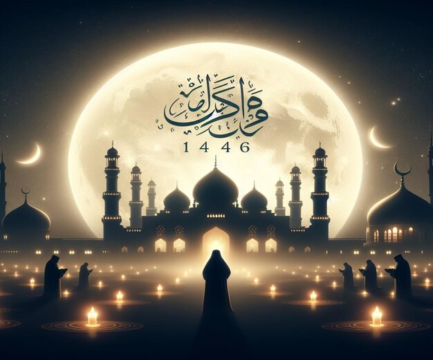 ein Plakat für eine Moschee mit einem Mond und Menschen im Hintergrund