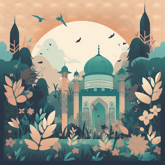 Ein Plakat für eine Moschee mit Vögeln und Blumen.