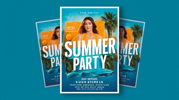 ein Plakat für eine Sommerfeier mit Palmen und einem blauen Hintergrund