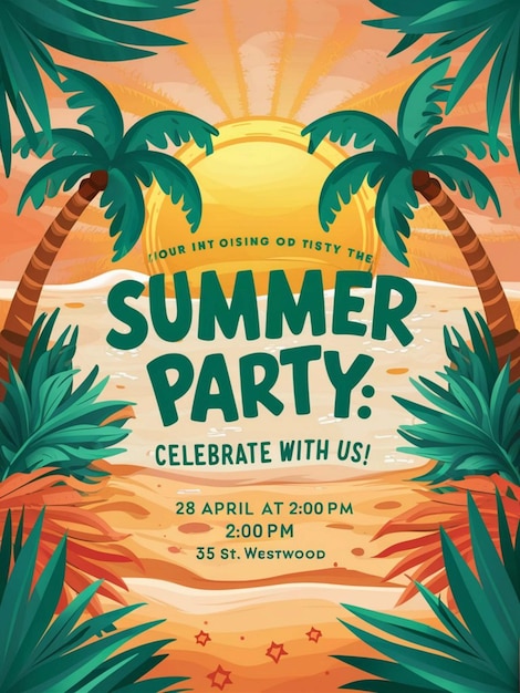 ein Plakat für eine Sommerfeier mit Palmen und einem Sonnenuntergang im Hintergrund