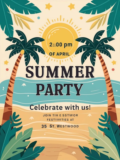 ein Plakat für eine Sommerfeier mit Palmen und einer Sonne darauf