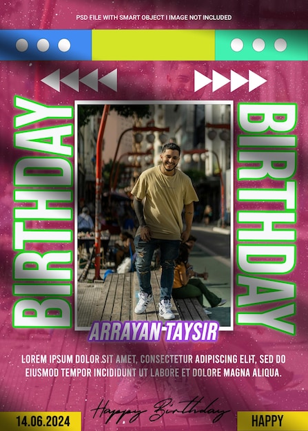 ein Plakat für einen Geburtstag mit einem Mann, der davor steht
