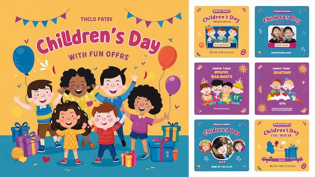 ein Plakat für einen Kindertag mit einer glücklichen Geburtstagsfeier
