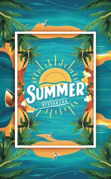 ein Plakat für einen Sommerstrand mit Palmen und einer Sonne an der Spitze