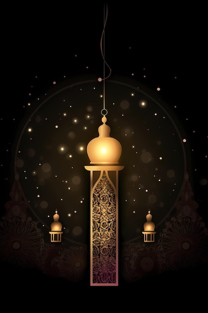 Ein Plakat für Ramadan mit einer goldenen Lampe und einer goldenen Lampe in der Mitte.