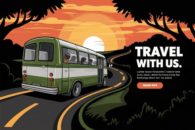 ein Plakat für Reisen mit einem Bus auf der Straße