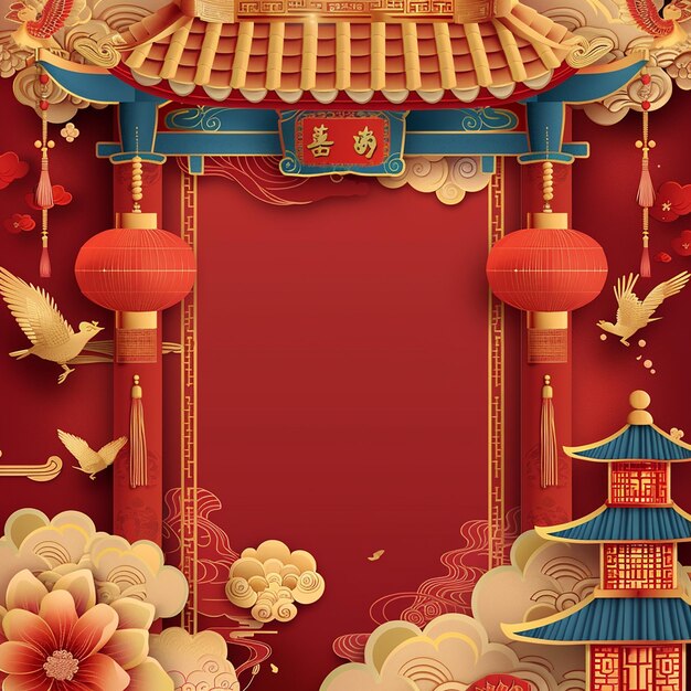 ein Plakat mit chinesischer Struktur und einem roten Hintergrund mit chinesischen Symbolen