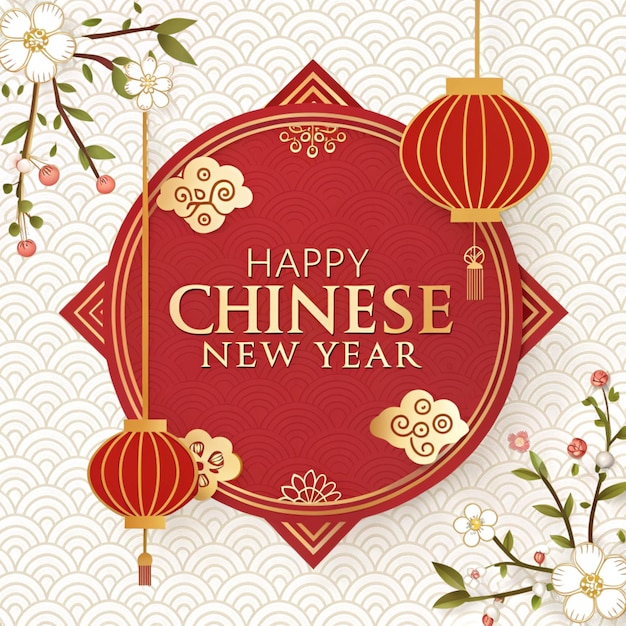 ein Plakat mit dem Satz "glückliches chinesisches Neujahr" auf weißem Hintergrund