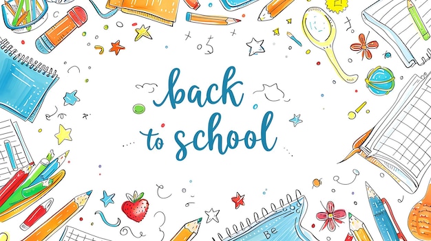 ein Plakat mit dem Satz "Zurück zur Schule" mit einem Bild einer Schule
