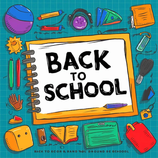 ein Plakat mit einem Bild einer Schule mit einem Bild eines Buches, in dem es steht: "Zurück zur Schule"