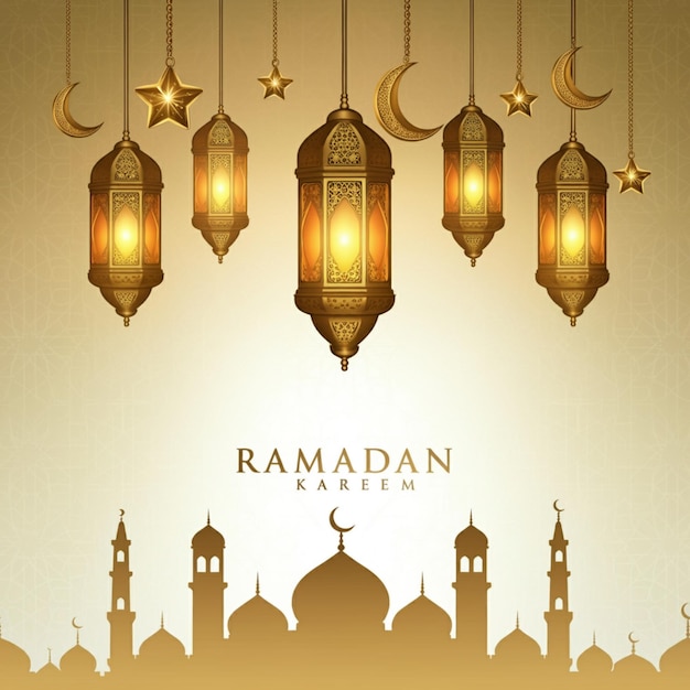 ein Plakat mit einer Laterne und einer Moschee darauf