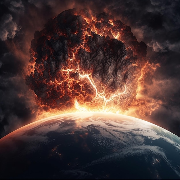 Ein Plakat zum Weltuntergang zeigt eine große Explosion und die Erde ist sichtbar.