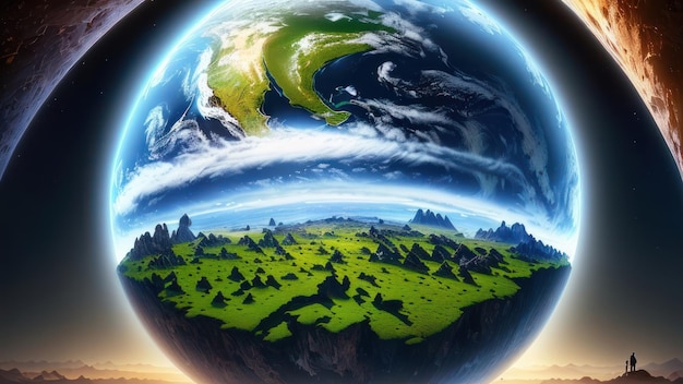 Ein Planet mit einem grünen Feld und ein blauer Planet mit einem grünen Feld in der Mitte.