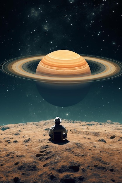 ein Planet mit einem Mann, der auf dem Mond sitzt, und der Planet im Hintergrund