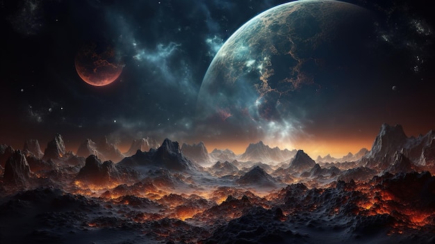 Ein Planet mit einem Mond und Bergen im Hintergrund