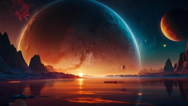 ein Planet mit einem Sonnenuntergang im Hintergrund