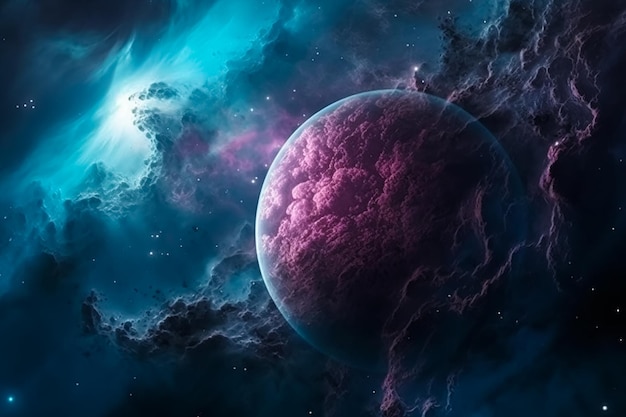 Ein Planet mit einem violetten und blauen Nebel im Hintergrund