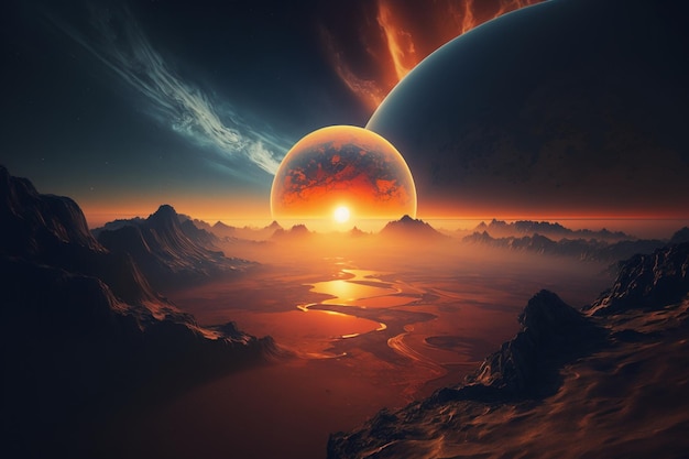 Ein Planet mit einer Sonne und einem Planeten im Hintergrund