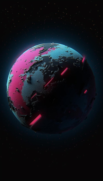 Ein Planet mit rosa und blauen Lichtern und einem schwarzen Planeten im Hintergrund.