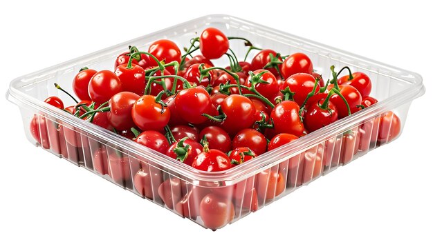 Ein Plastikbehälter, gefüllt mit frischen reifen Kirschtomaten Die Tomaten sind rot, rund und saftig und noch an ihren grünen Stängeln befestigt