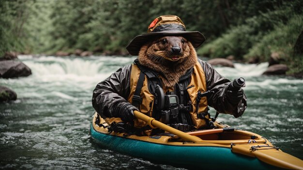 Foto ein platypus-charakter, der einen fluss entlang kajak fährt