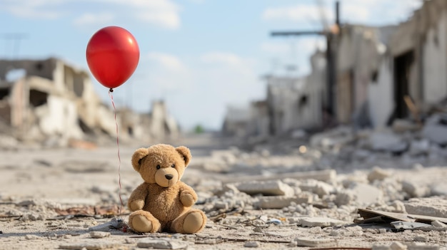 Ein Plüschtierbär mit einem roten Ballon, deprimiert und einsam vor dem Hintergrund einer zerstörten Stadt