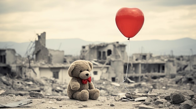 Ein Plüschtierbär mit einem roten Ballon, deprimiert und einsam vor dem Hintergrund einer zerstörten Stadt